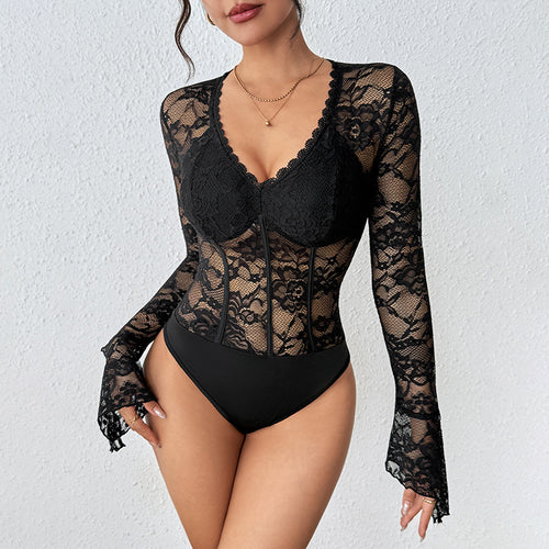 Damen Spitze Langarmbody mit elegantem V-Ausschnitt und Rüschendetails Drune