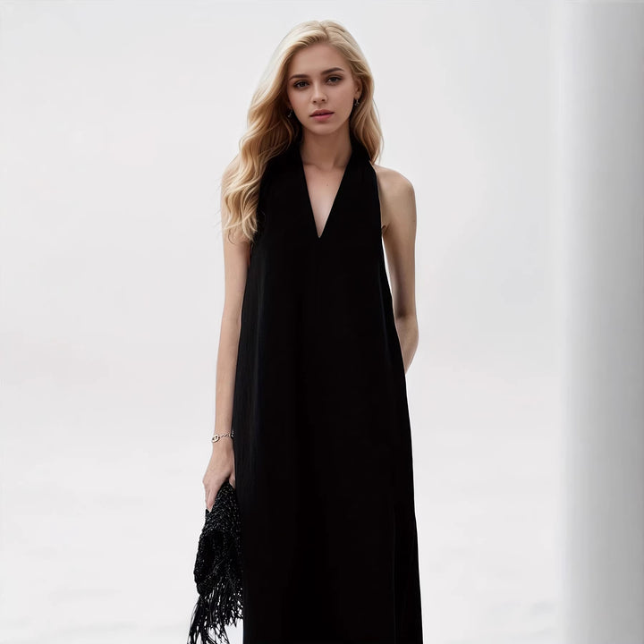 Damen Elegantes Maxikleid mit tiefem V-Ausschnitt und fließendem Stoff Drune