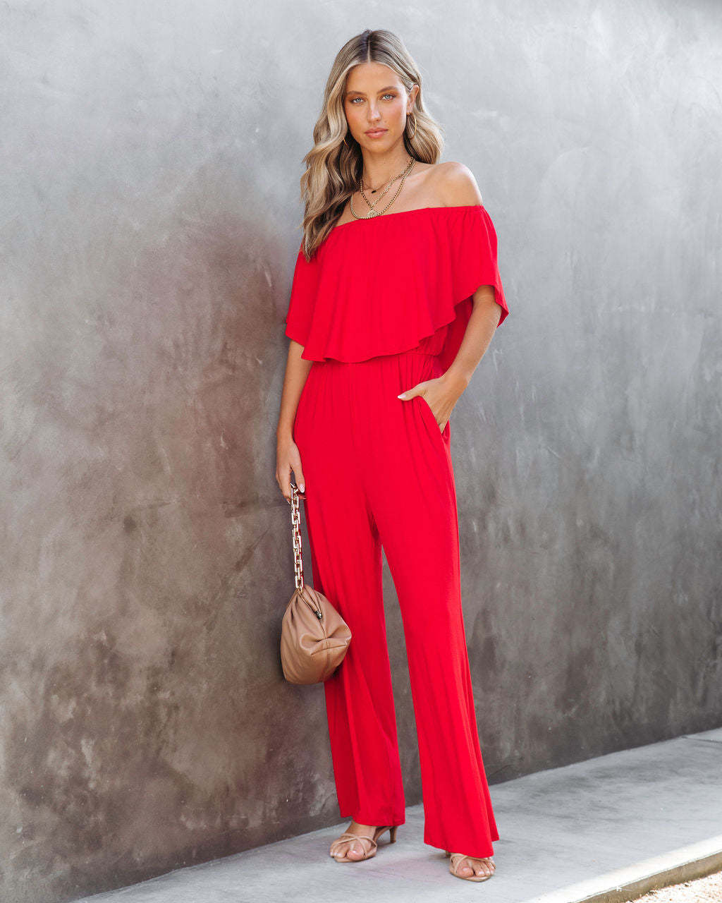 Damen Eleganter Off-Shoulder Jumpsuit mit weitem Bein und fließendem Oberteil Drune