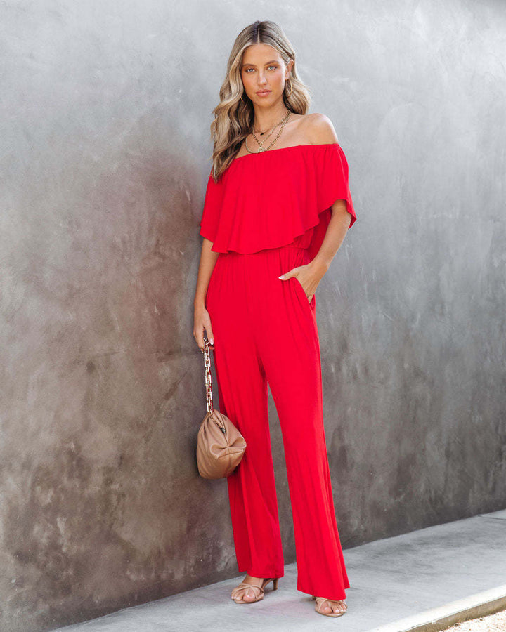 Damen Off-Shoulder Jumpsuit mit weitem Bein und elastischem Bund Drune