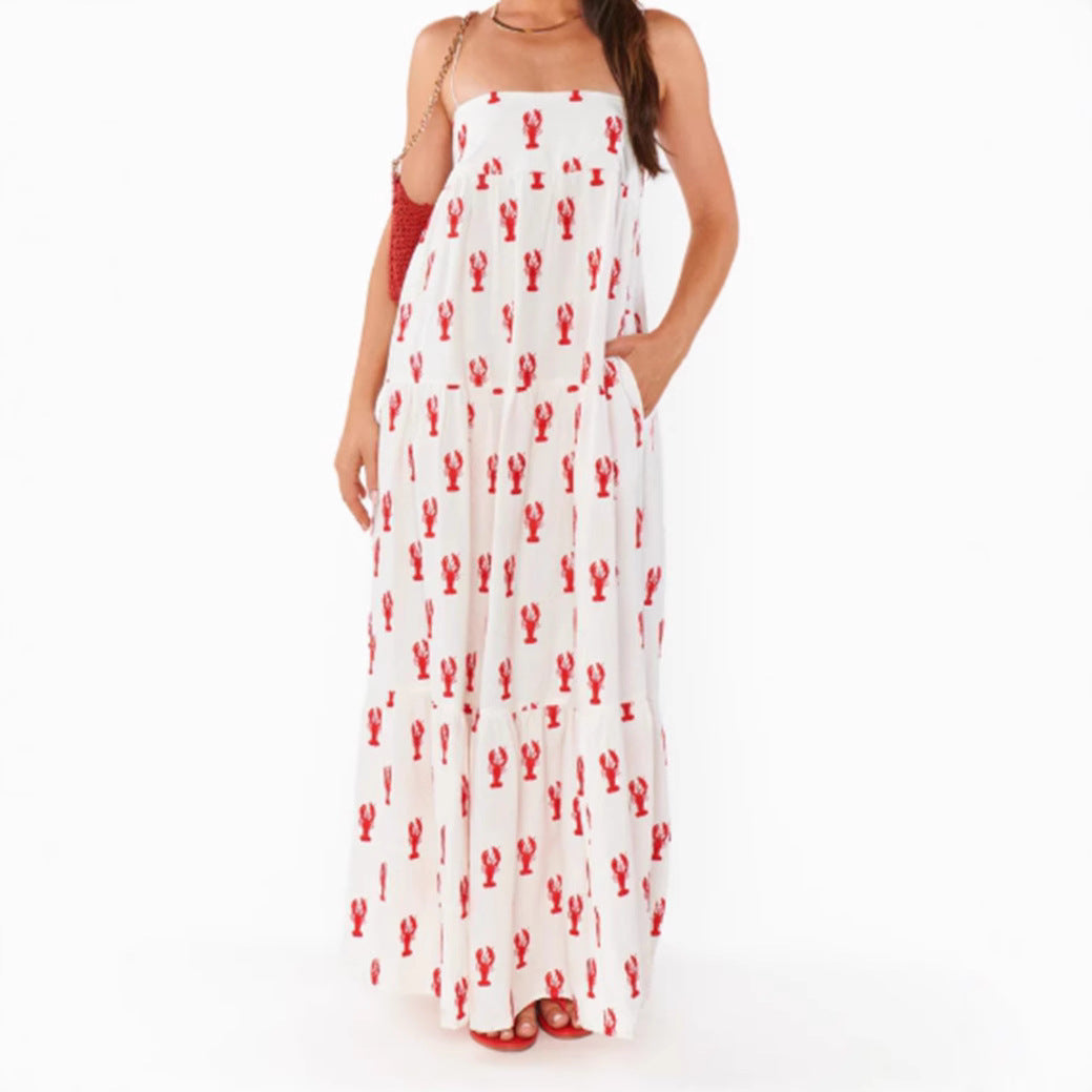 Damen nan trägerloses Stufenmaxikleid mit Bandeau-Oberteil lockerer A-Linie und maritimem Hummer-Print Drune