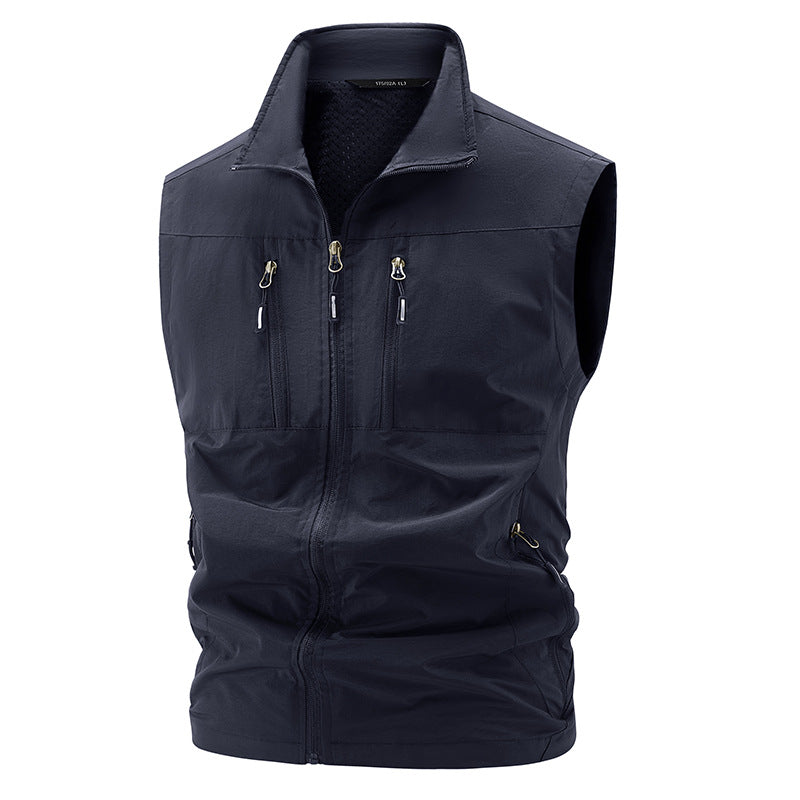 Herren nan multifunktionale technische Outdoor-Weste mit hohem Stehkragen, vier verdeckten Reißverschlusstaschen und atmungsaktivem Meshfutter Drune