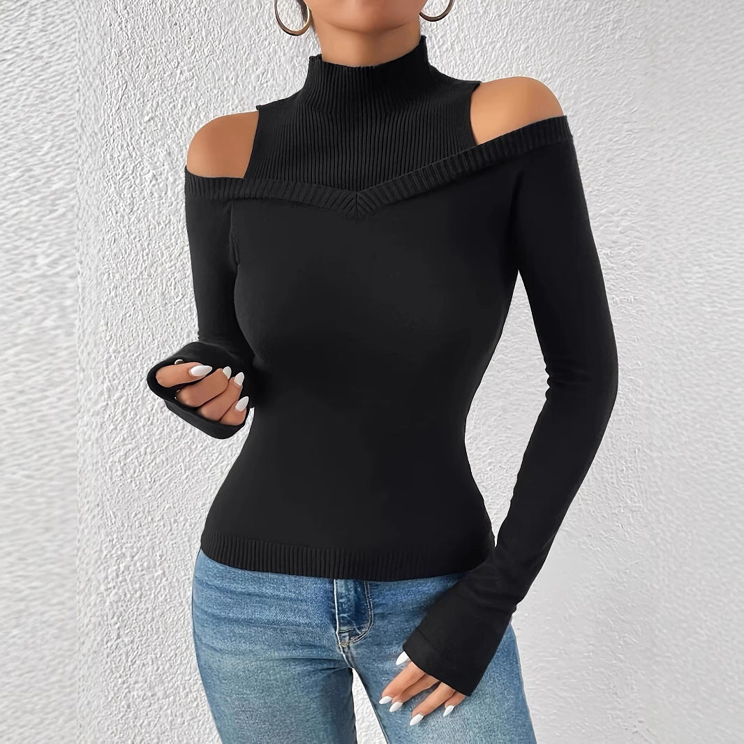 Damen modisches Langarm-Oberteil mit Cut-Outs und hohem Kragen Drune