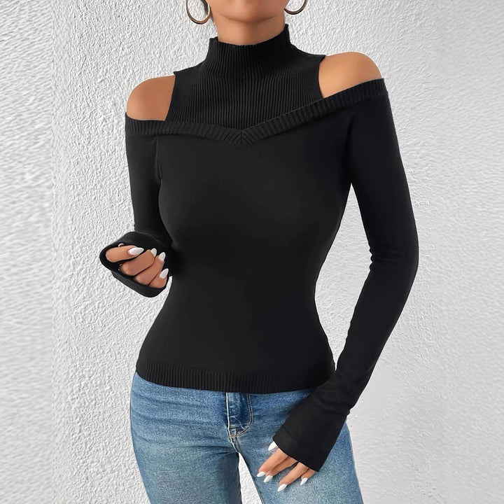Damen modisches Langarm-Oberteil mit Cut-Outs und hohem Kragen Drune