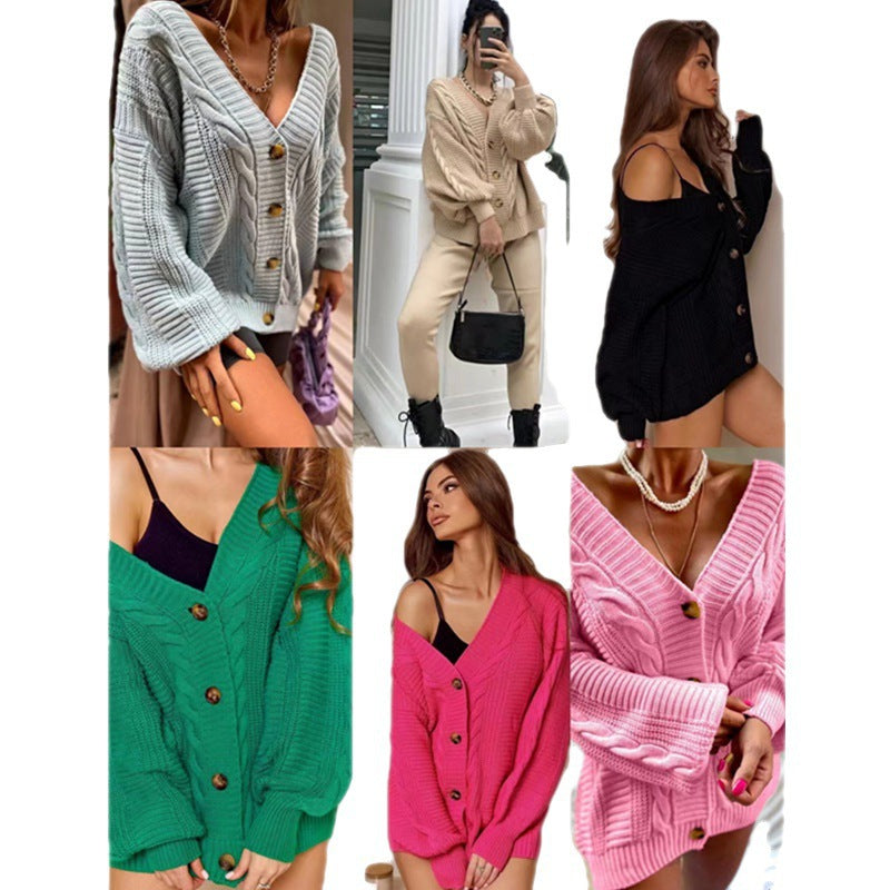 Damen Grobstrick-Cardigan mit großen Knöpfen und voluminösen Ärmeln Drune