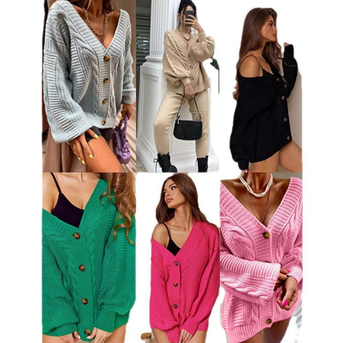 Damen Grobstrick-Cardigan mit großen Knöpfen und voluminösen Ärmeln Drune