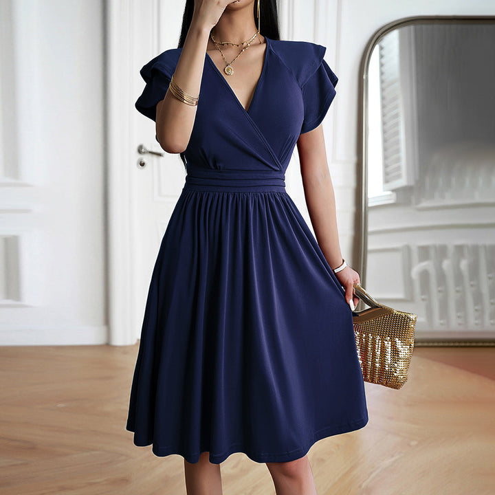 Drune | V-neck Solid Color Short Sleeve Dress for Women