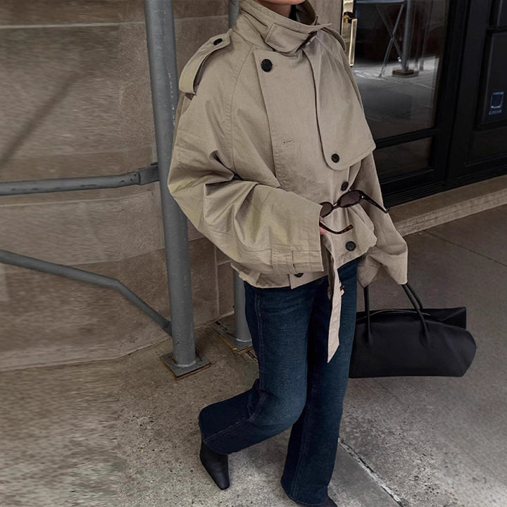Damen Modische Kurzjacke mit hohem Kragen und Taillengürtel Drune