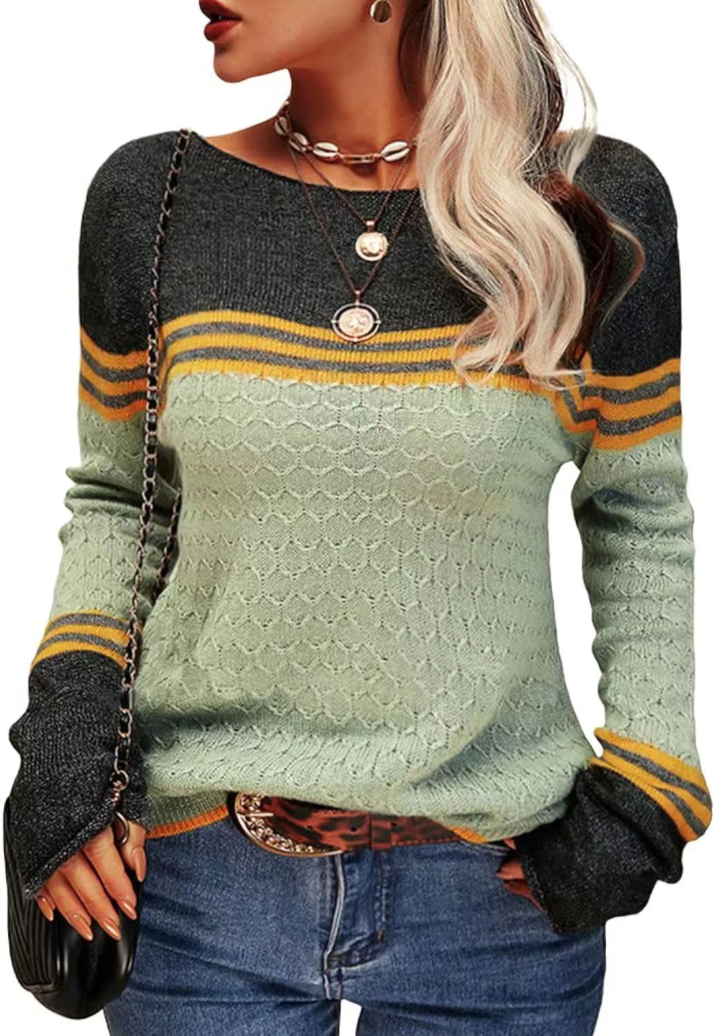 Damen lässiger Strickpullover mit kontrastierenden Farbblöcken und einzigartiger Textur Drune