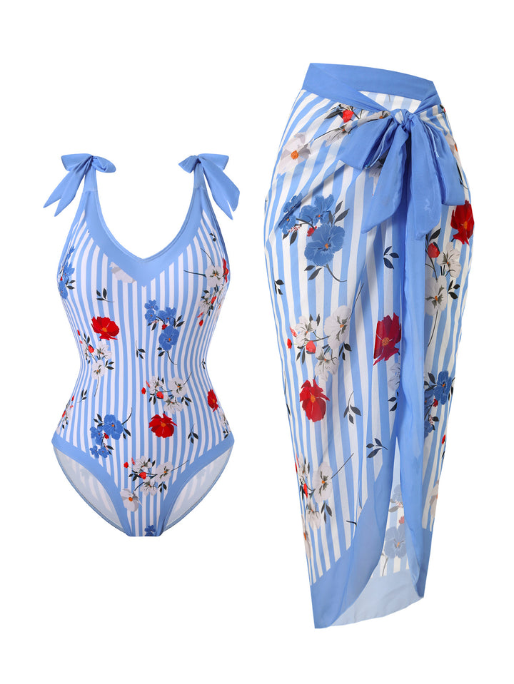 Damen Badeanzug mit floralem Design und transparentem Wickelrock Drune