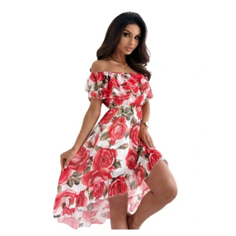 Damen Off-Shoulder Kleid mit Rüschendetails und floralem Druck Drune