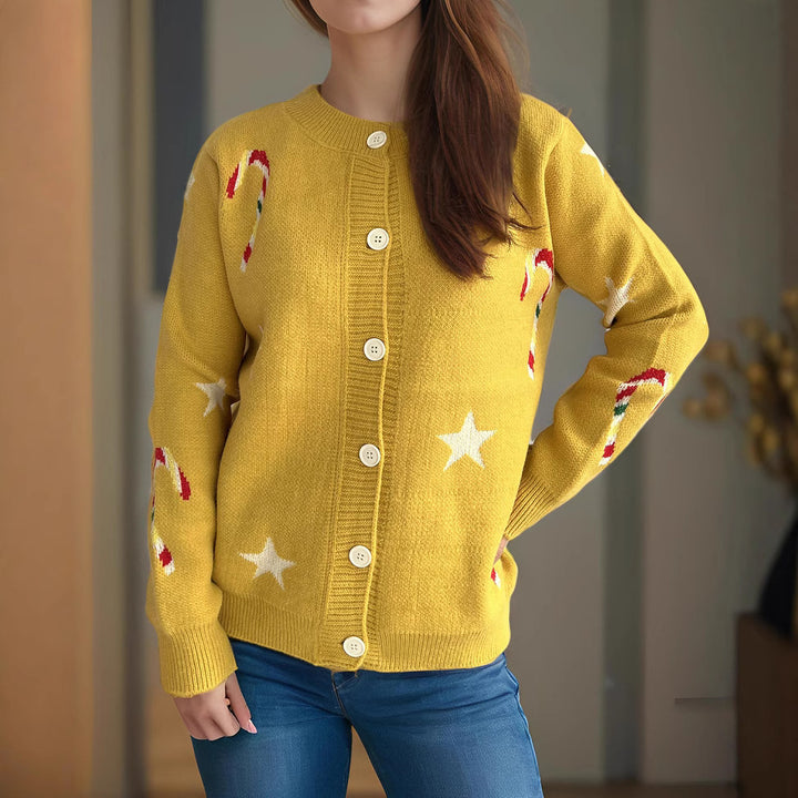 Damen Strickjacke mit festlichem Motiv und dekorativen Knöpfen Drune