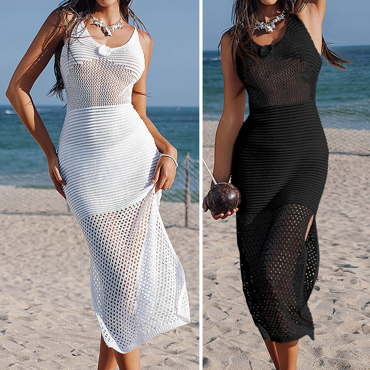Damen Häkel-Strandkleid mit durchbrochenem Design und tiefem Schlitz Drune