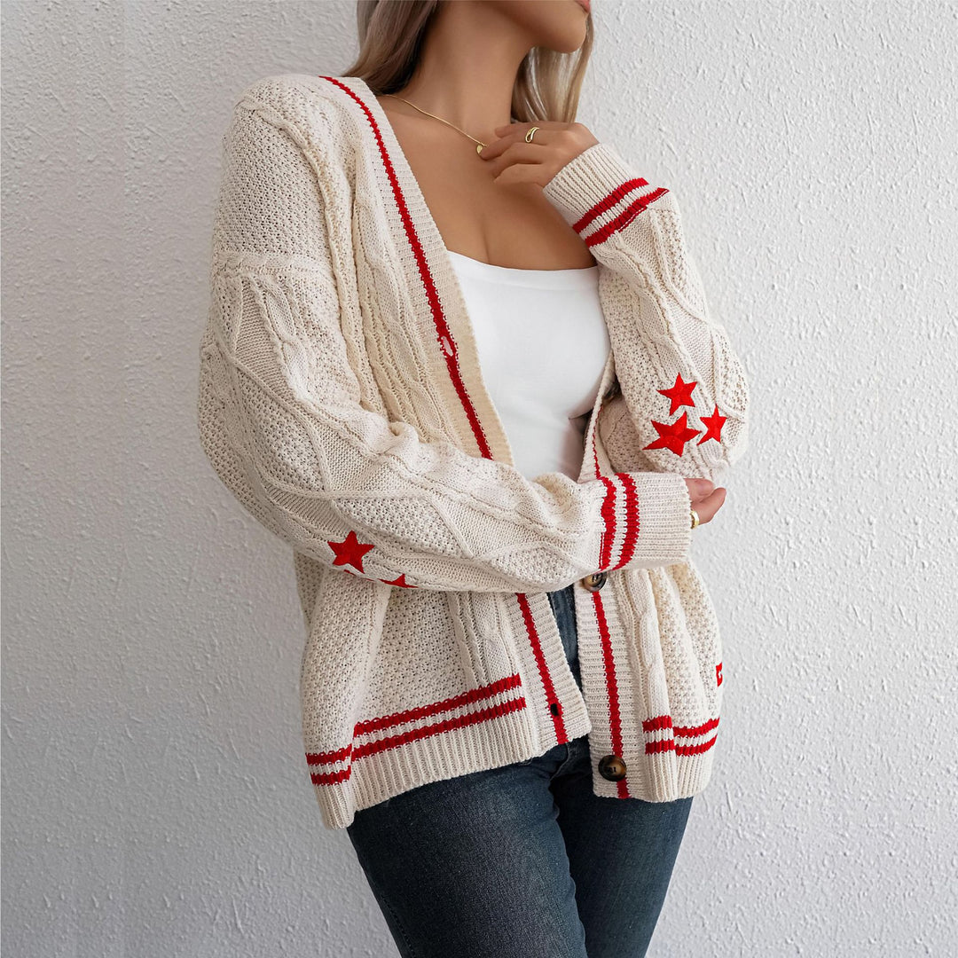 Damen Grobstrickjacke mit eleganten Sternenapplikationen und kontrastierenden Details Drune
