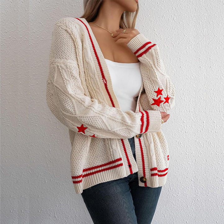 Damen Grobstrickjacke mit eleganten Sternenapplikationen und kontrastierenden Details Drune
