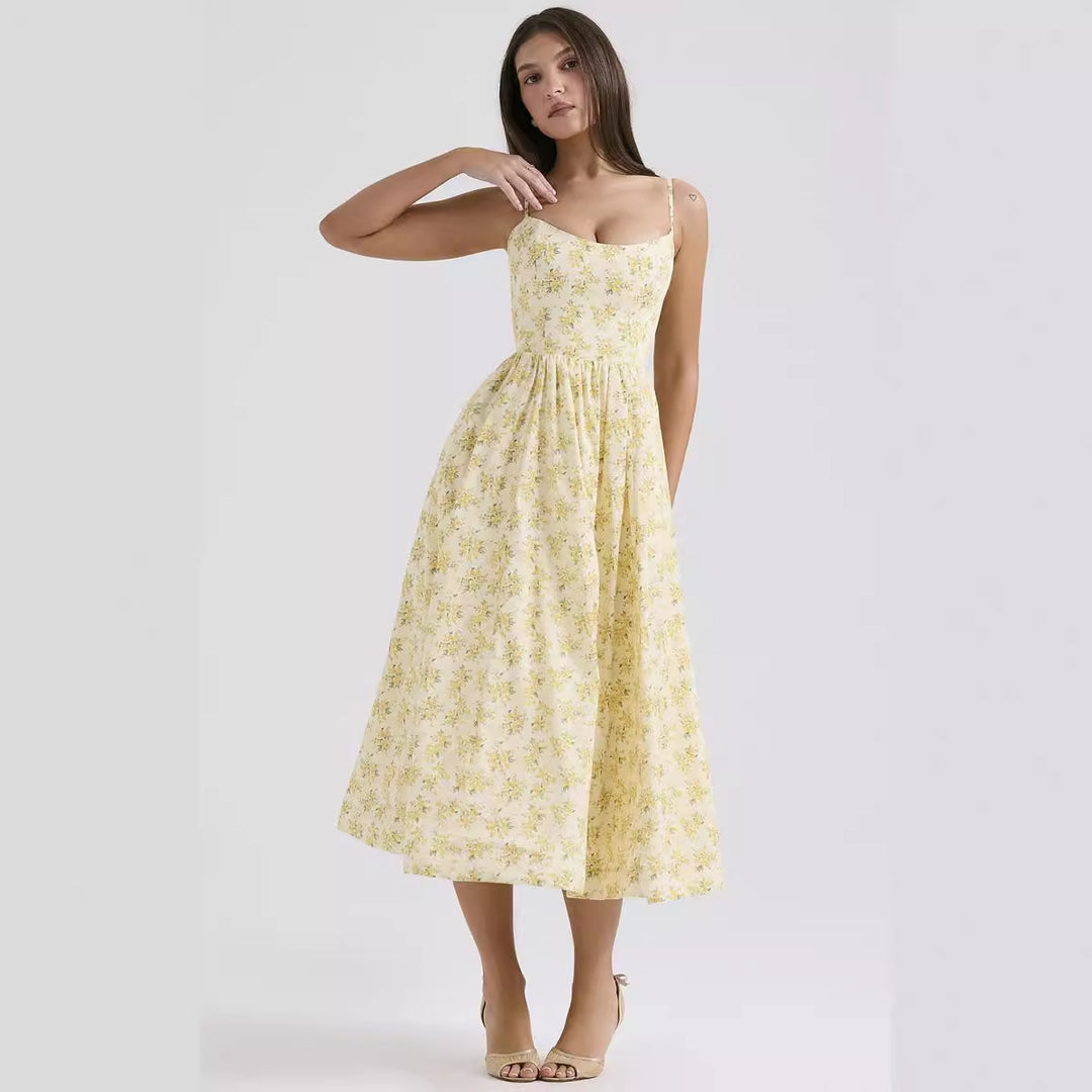 Damen Midi-Blumenkleid mit trägerlosem Stil und schwingendem Rock Drune