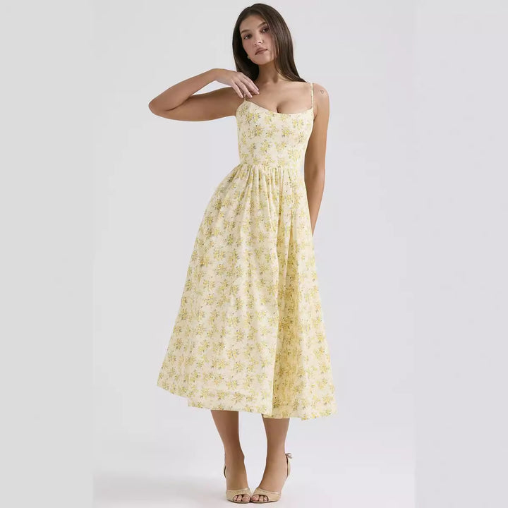 Damen Midi-Blumenkleid mit trägerlosem Stil und schwingendem Rock Drune