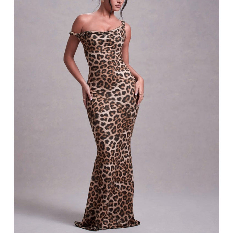 Damen Langarm Maxikleid im eleganten Leopardenmuster Drune