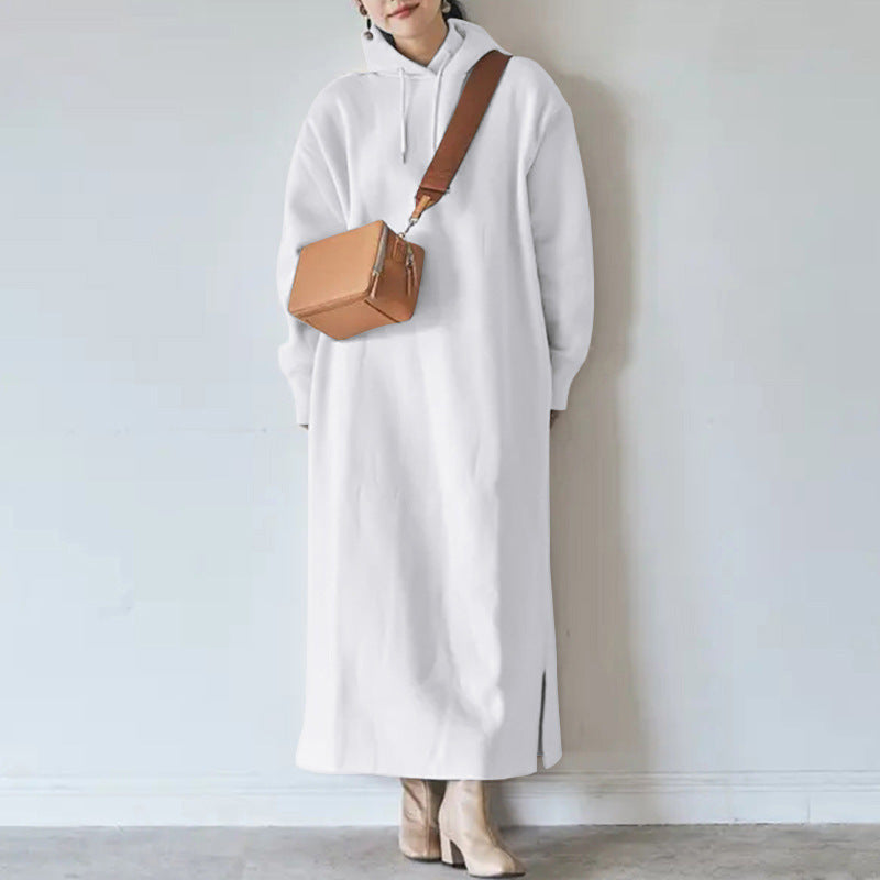 Damen nan Oversize Kapuzenmaxikleid mit geradem Schnitt und Seitenschlitz Drune