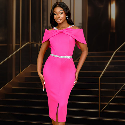 Damen elegantes schulterfreies Midi-Kleid mit funkelndem Taillengürtel Drune