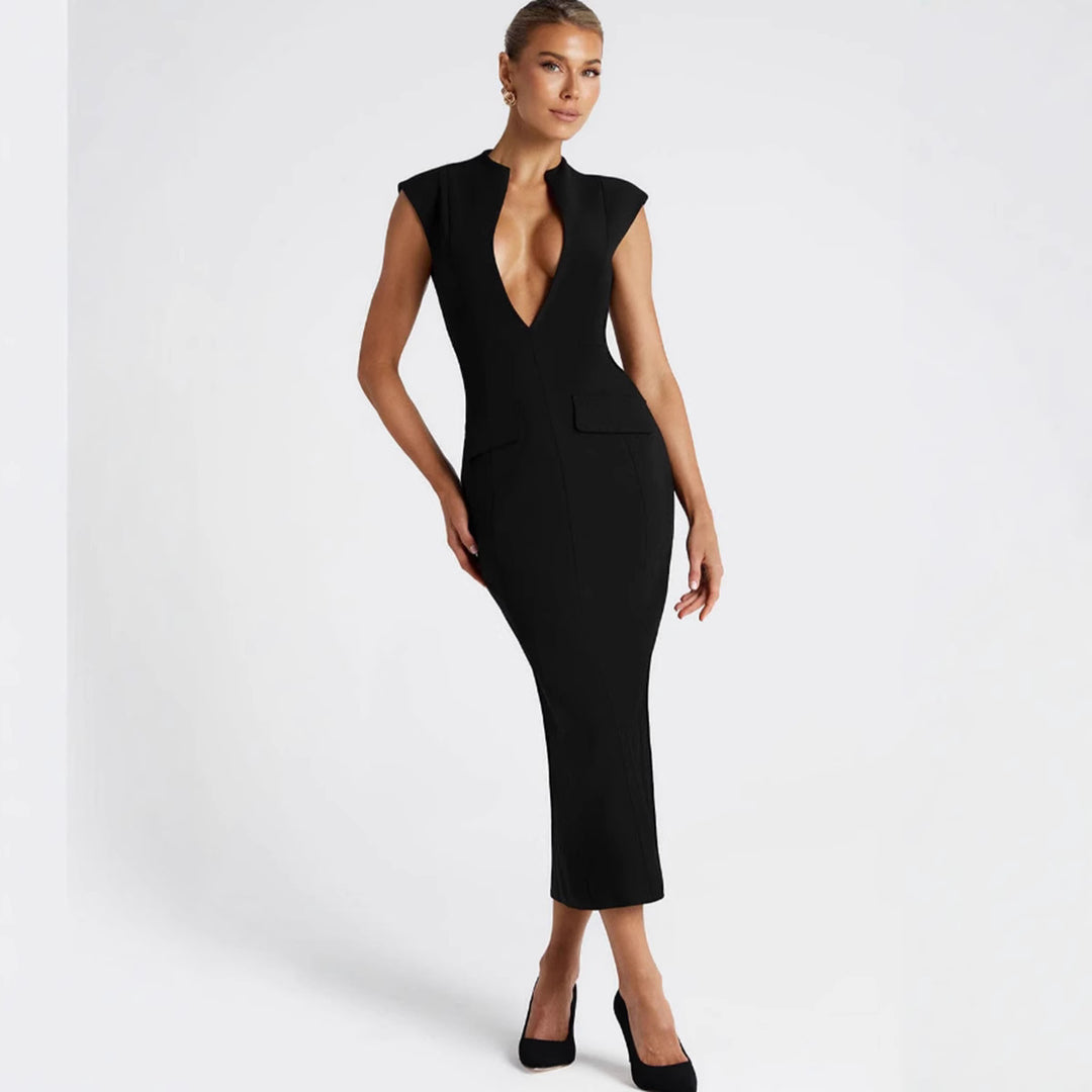 Damen elegantes Figurbetontes Kleid mit tiefem V-Ausschnitt und praktischen Taschen Drune