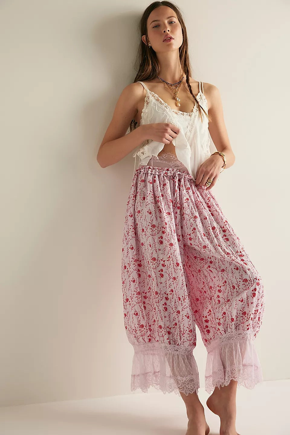 Damen Blumenmuster Hose mit Spitzenabschlüssen Drune