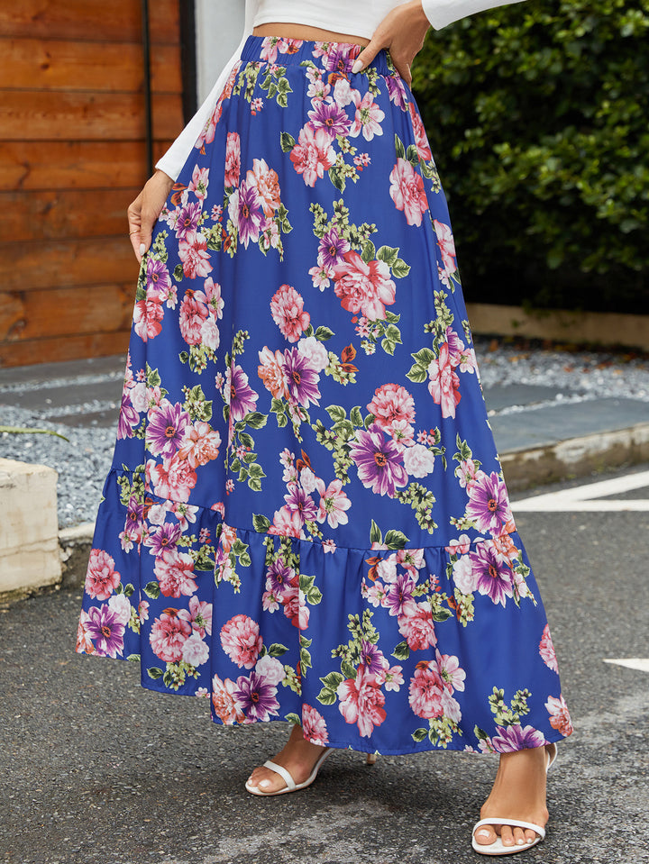 Damen Maxi-Rock mit fröhlichem Blumenmuster und voluminösem Stufenansatz Drune