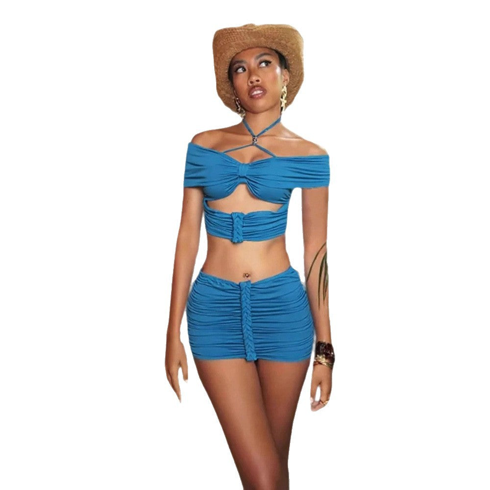 Damen Cropped Oberteil und Minirock Set mit Raffungen und schulterfreiem Design Drune