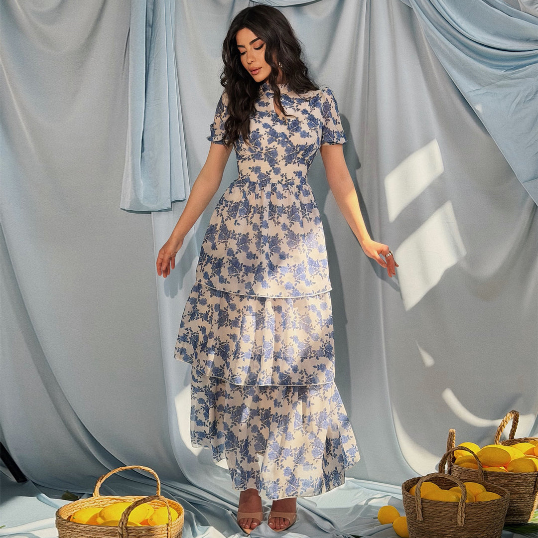 Damen Blumenkleid mit schickem Stehkragen und durchscheinenden Ärmeln Drune