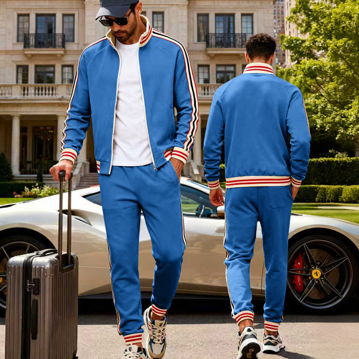 Herren nan sportiver Trainingsanzug mit gestreiften Rippbündchen, Reißverschlussjacke und tapered Jogginghose Drune