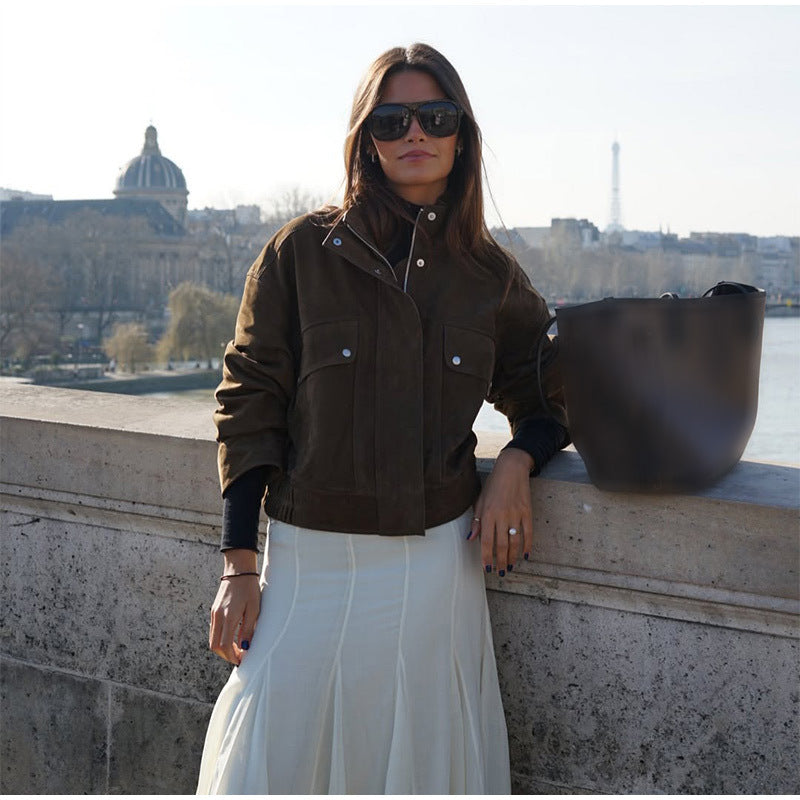 Damen lässige Suede-Jacke mit funktionalen Taschen und modernem Design Drune