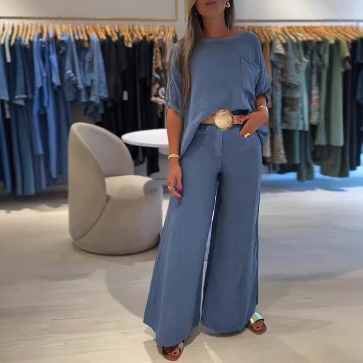 Damen nan Leinenmix-Zweiteiler mit kastigem Oversize-Shirt, Brusttasche und weiter Palazzohose Drune