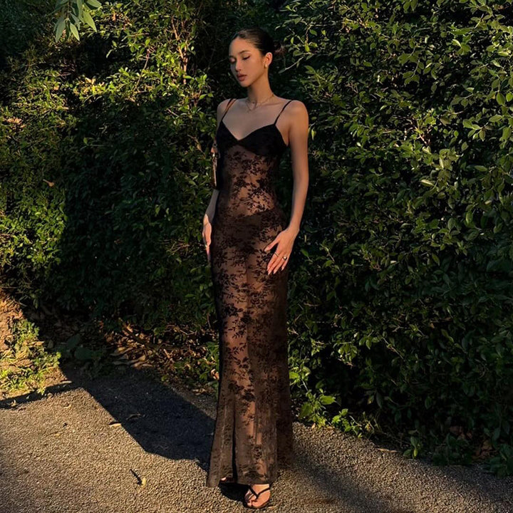 Damen Elegantes Spitzen-Maxi-Kleid mit Spaghetti-Trägern und transparenter Optik Drune