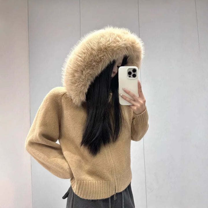 Damen modische Strickjacke mit abnehmbarer Kapuze aus weichem Material Drune