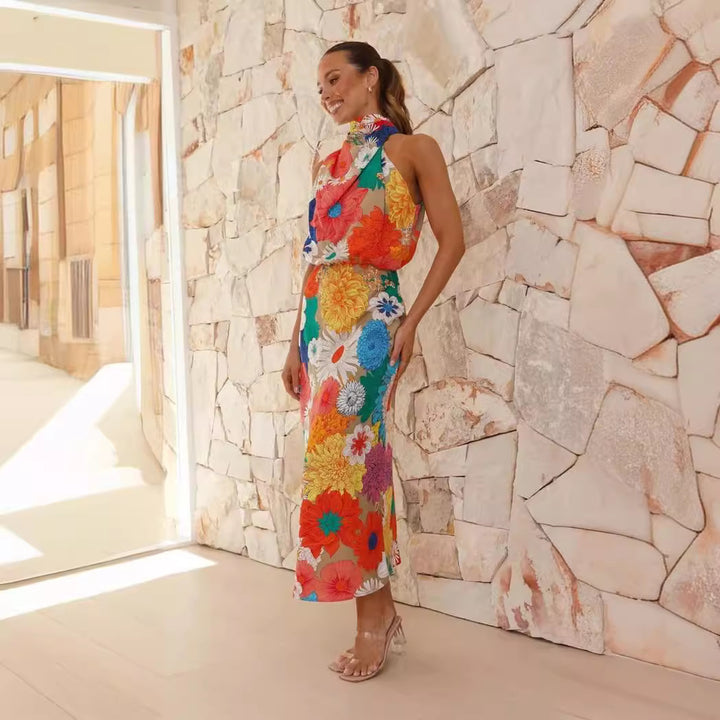 Damen Maxikleid mit kreativem Blumendesign und verspieltem Neckholder Drune