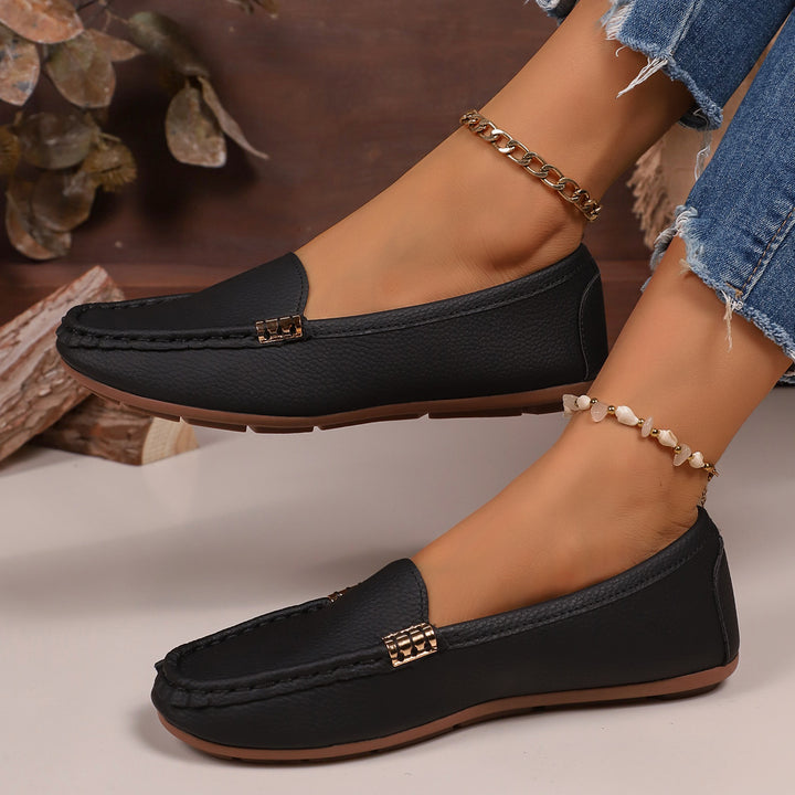 Damen nan schlanke Mokassin-Slipper mit handgenähter Vordernaht, gepolstertem Komfortfußbett und flexibler rutschfester Gummisohle Drune
