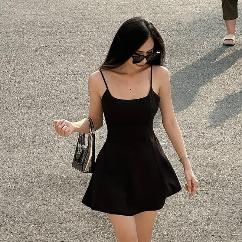 Damen tolles A-Linien Kleid mit Spaghettiträgern und schwingendem Rock Drune