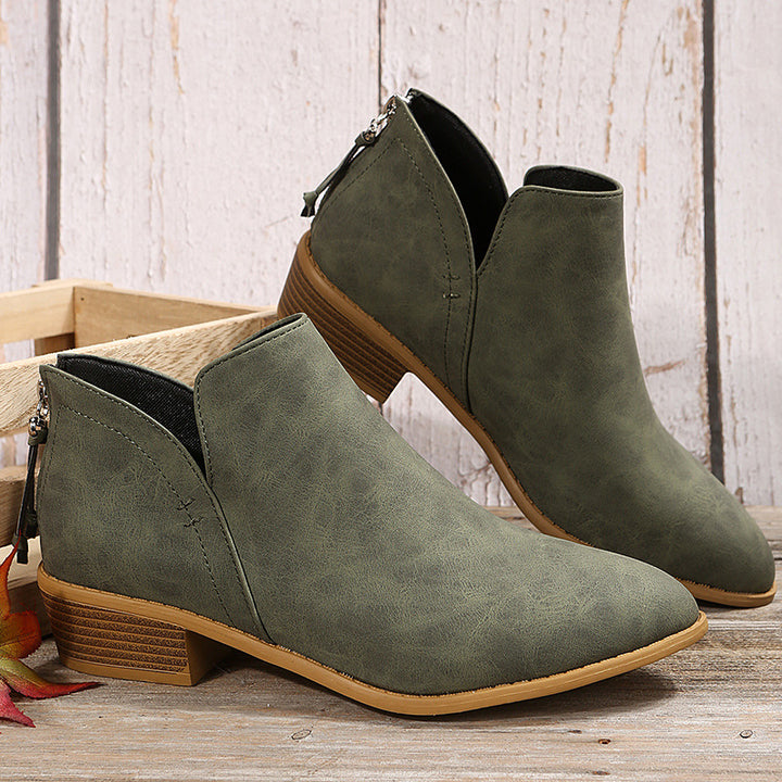Damen nan spitze Ankleboots mit niedrigem Holzblockabsatz, V‑Cut Seitenöffnung und rückseitigem Reißverschluss Drune