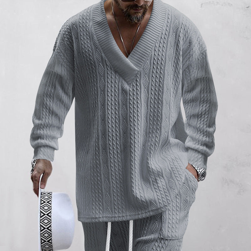 Herren nan oversized Kabelstrick V-Ausschnitt Pullover mit Relaxhose Set Drune