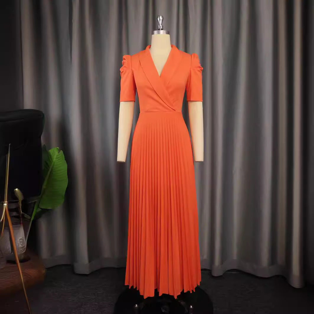 Damen elegantes Wickelkleid mit plissiertem Rock und Puffärmeln Drune