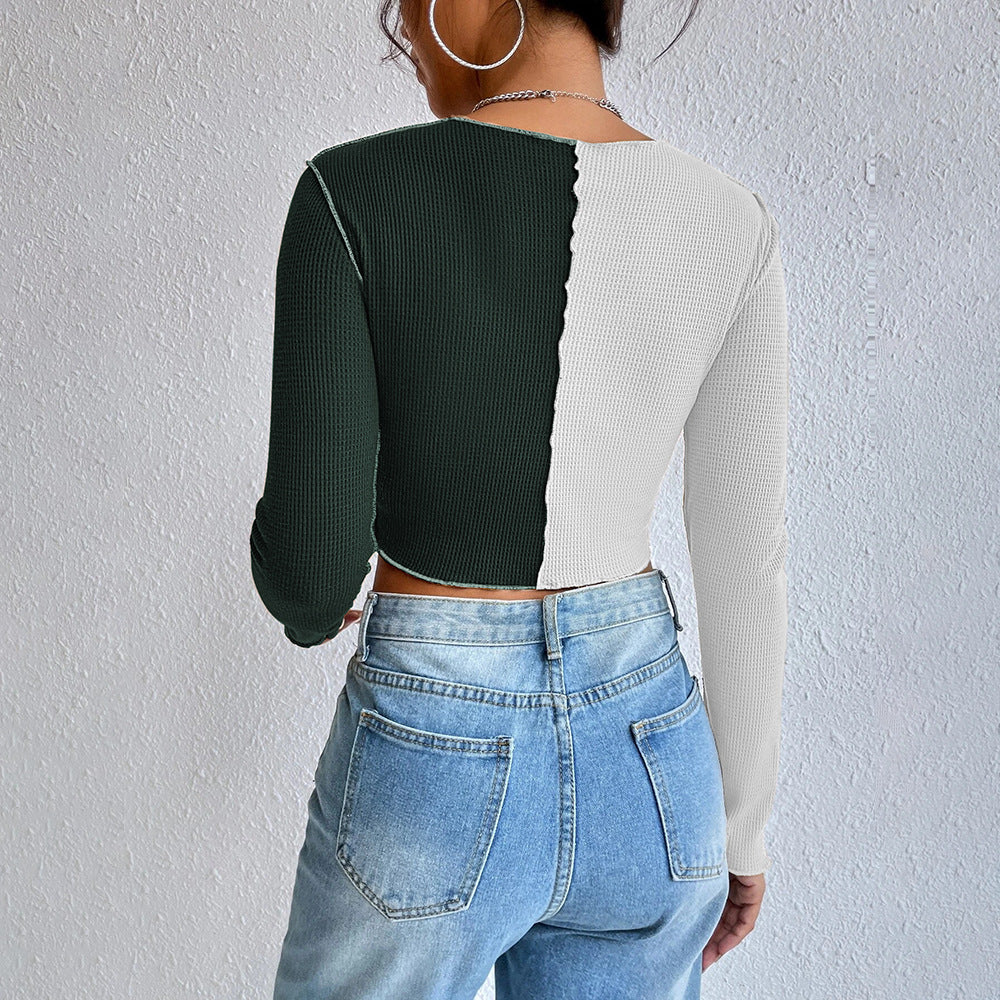 Damen cropped Langarmshirt mit zwei Farben und modischem Rippdesign Drune