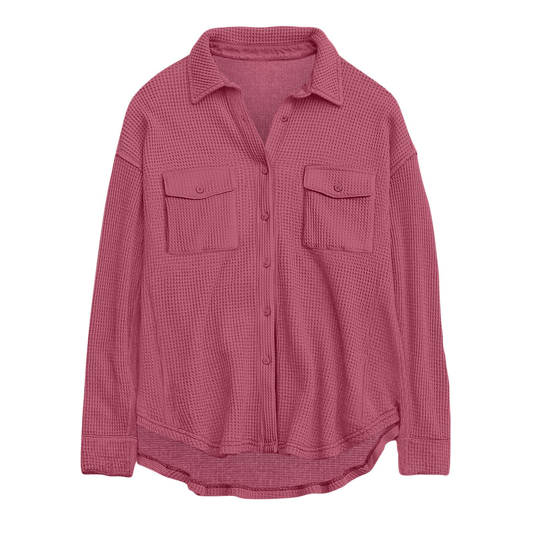 Damen nan oversized Waffelstrick Hemdjacke mit Brusttaschen und Knopfleiste Drune