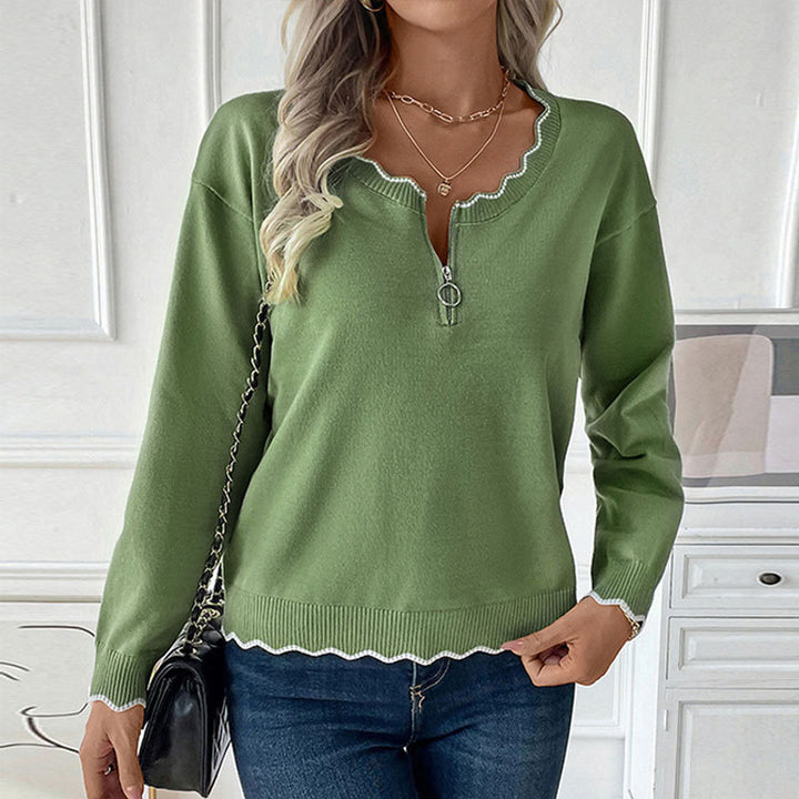 Damen lässiger Strickpullover mit dekorativem Kragen und modischer Zipper-Detail Drune