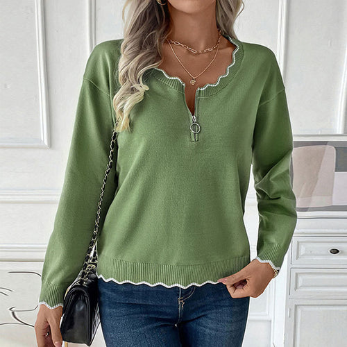 Damen lässiger Strickpullover mit dekorativem Kragen und modischer Zipper-Detail Drune