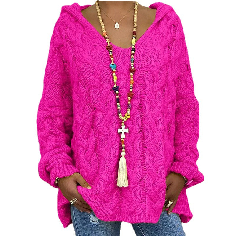 Damen Hoody aus Grobstrick mit V-Ausschnitt und dekorativem Kordelzug Drune