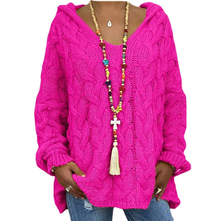 Damen Hoody aus Grobstrick mit V-Ausschnitt und dekorativem Kordelzug Drune