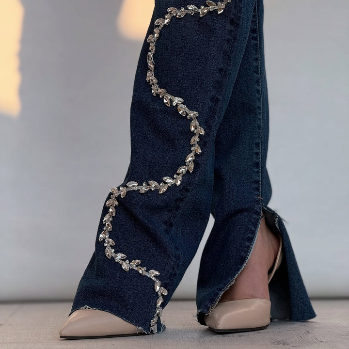 Damen Bootcut-Jeans mit glitzernden Applikationen und fransigen Abschlüssen Drune