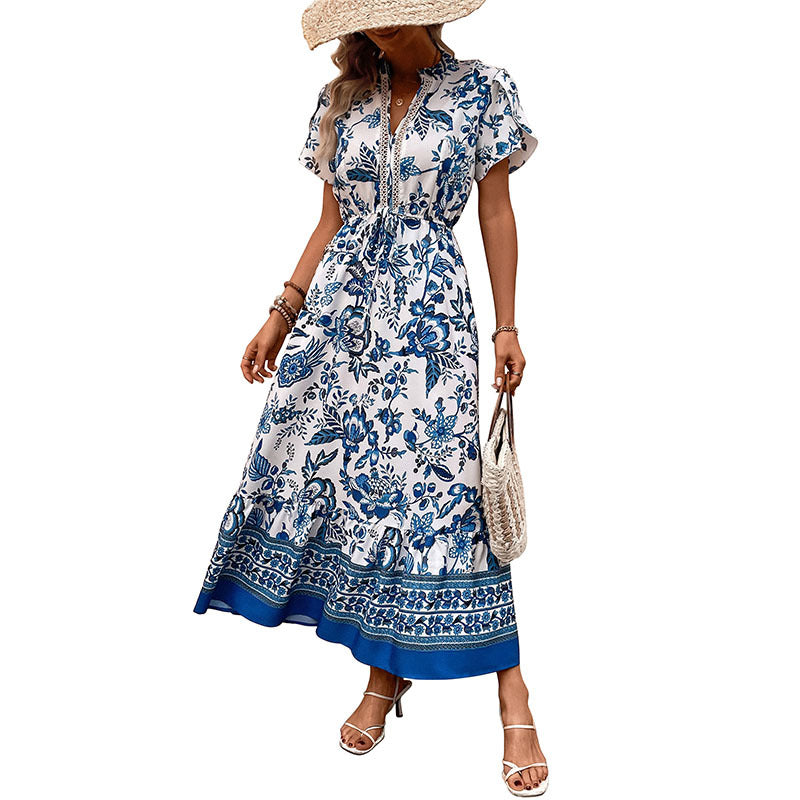 Damen Maxikleid mit floralem Design und elastischem Taillengürtel Drune