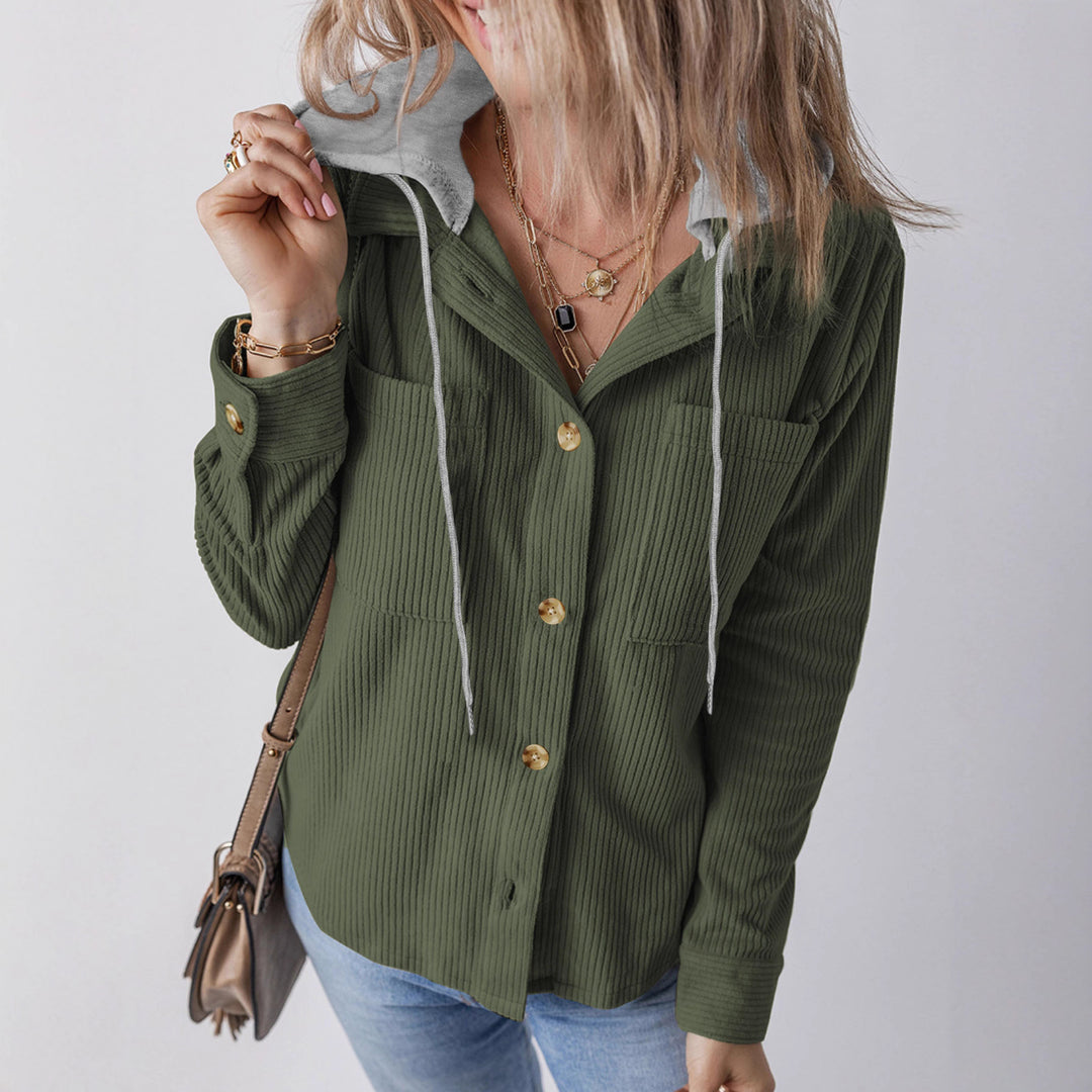 Damen gestreifte Hemdjacke mit Kapuze und praktischen Taschen Drune