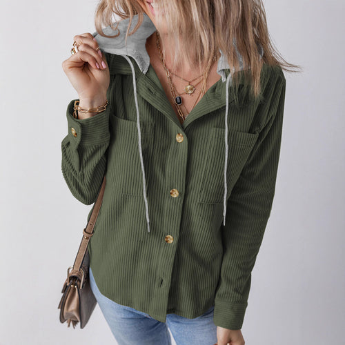 Damen gestreifte Hemdjacke mit Kapuze und praktischen Taschen Drune